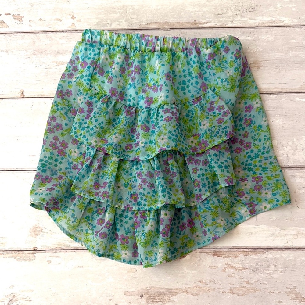 Girls Size 7 Teal Blue Green Floral Flower Print Ruffle Skirt Kids
